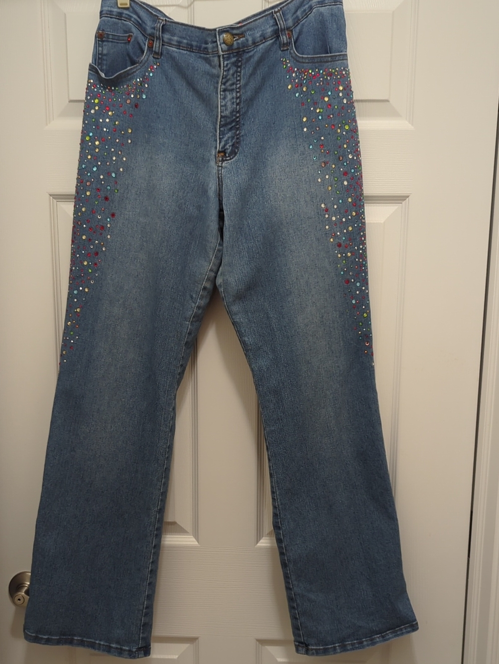 V Cristina Blue Denim Flare Jeans with Multicolor Rhinestones